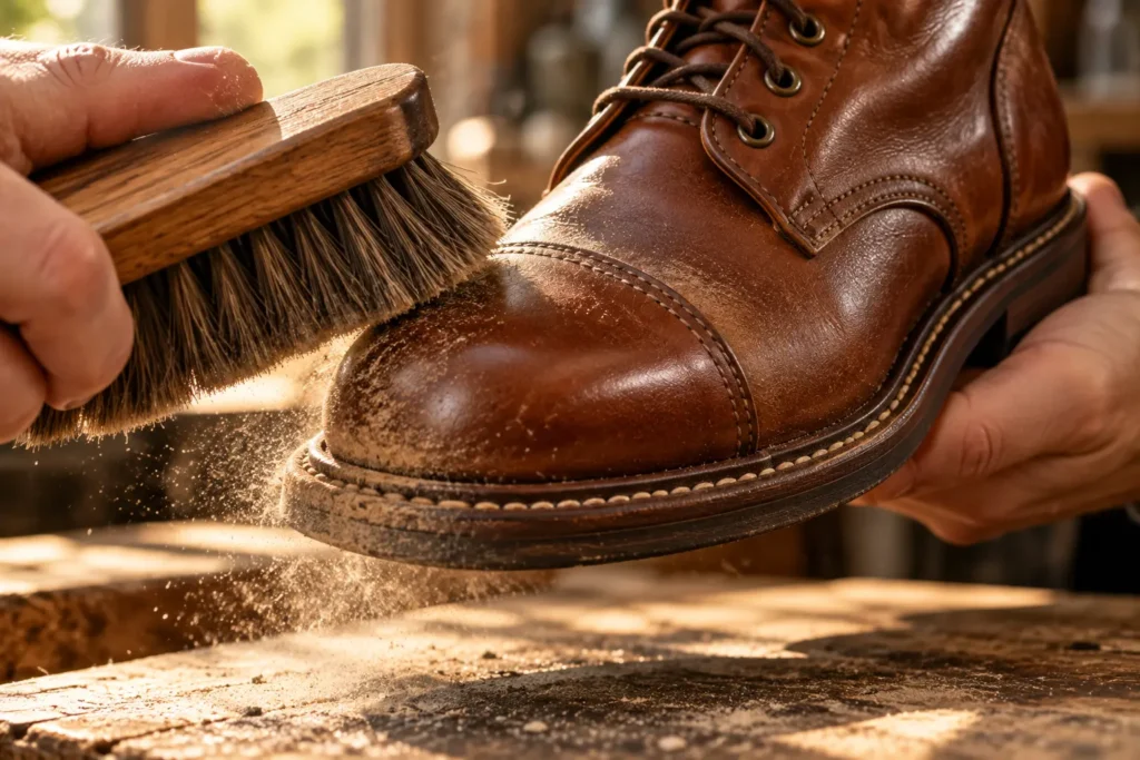 Horsehair brush removing dry dirt from a leather boot welt