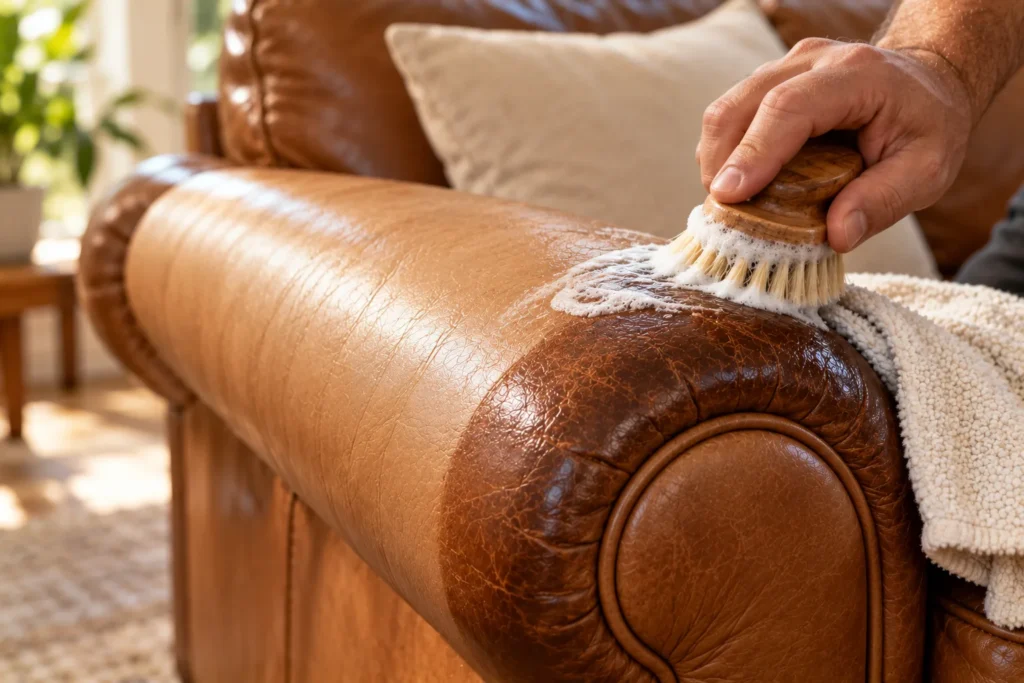 Cleaning body oil build-up from a leather armrest with a soft brush
