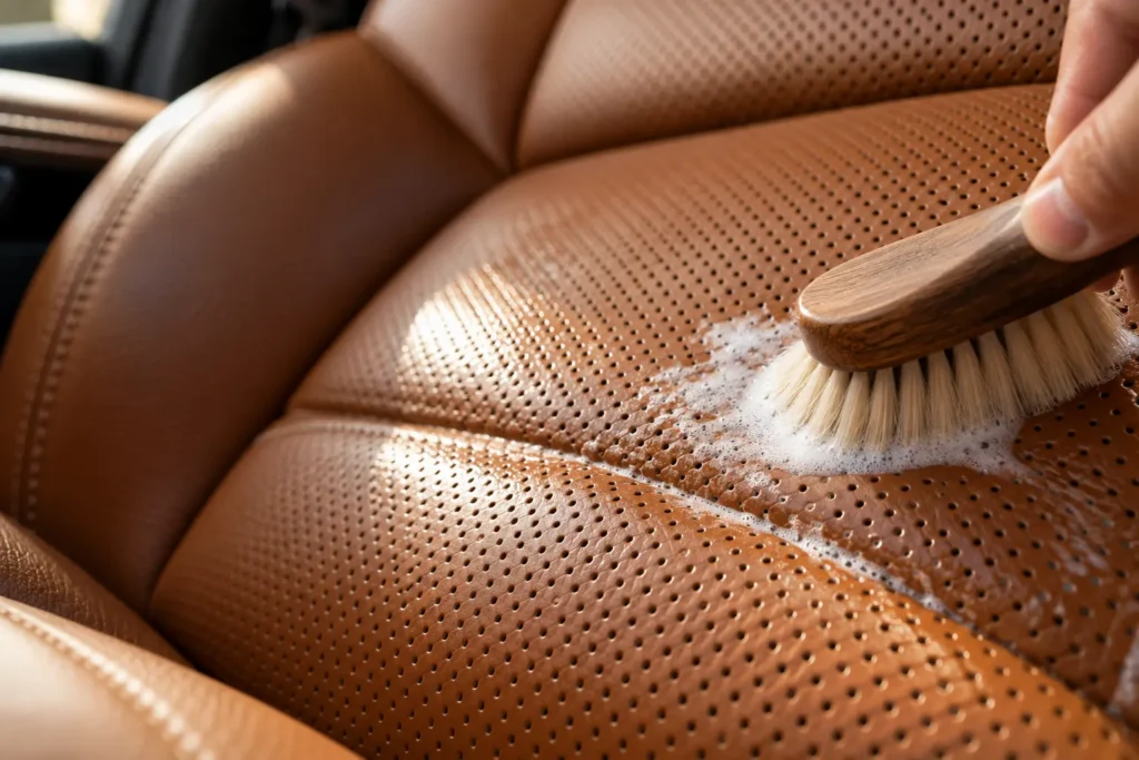 Soft brush lifting foam from a perforated leather car seat