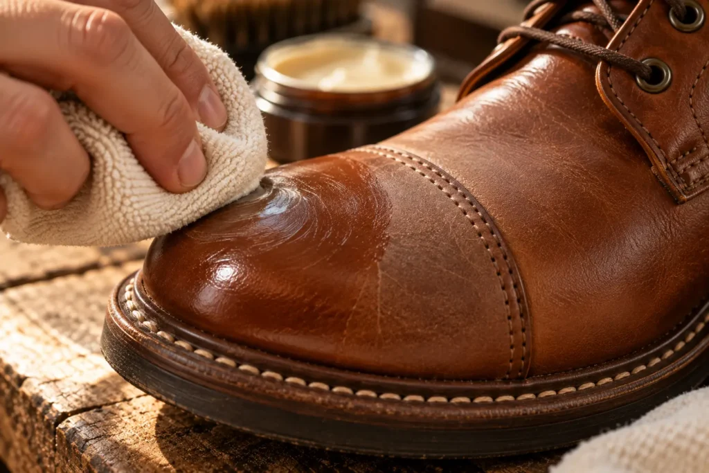 Applying conditioning balm to a leather boot toe cap