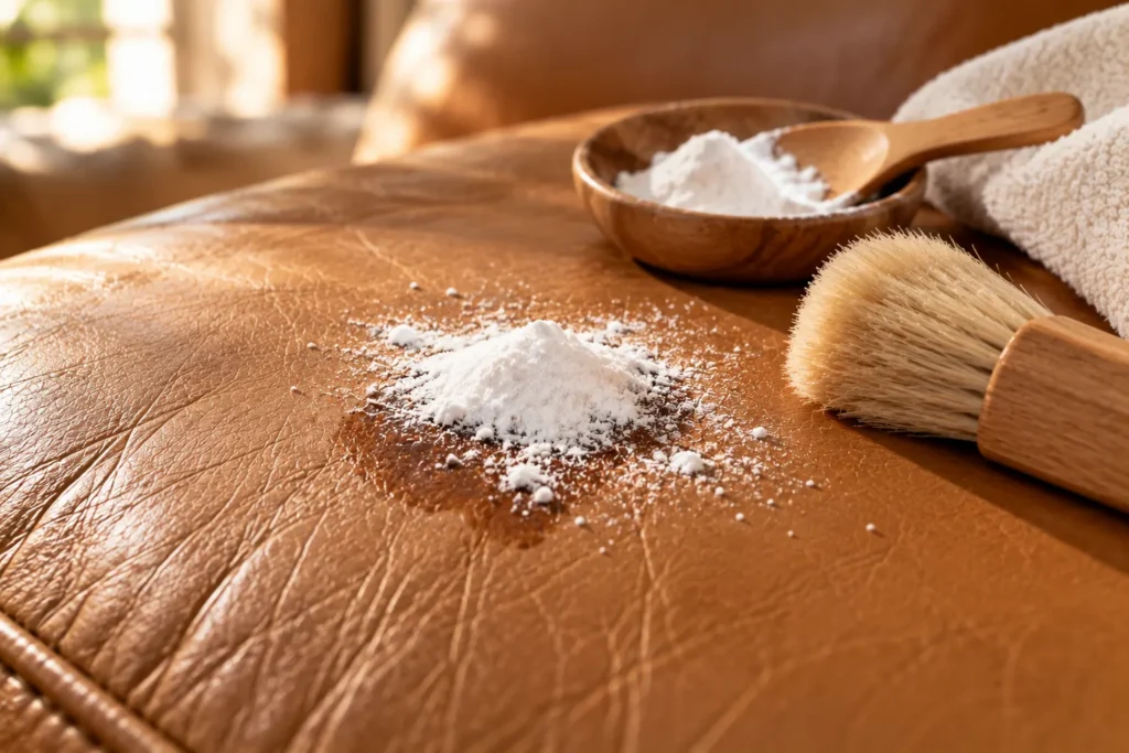 How to remove oil stains from a leather couch: cornstarch absorbing a fresh grease spot