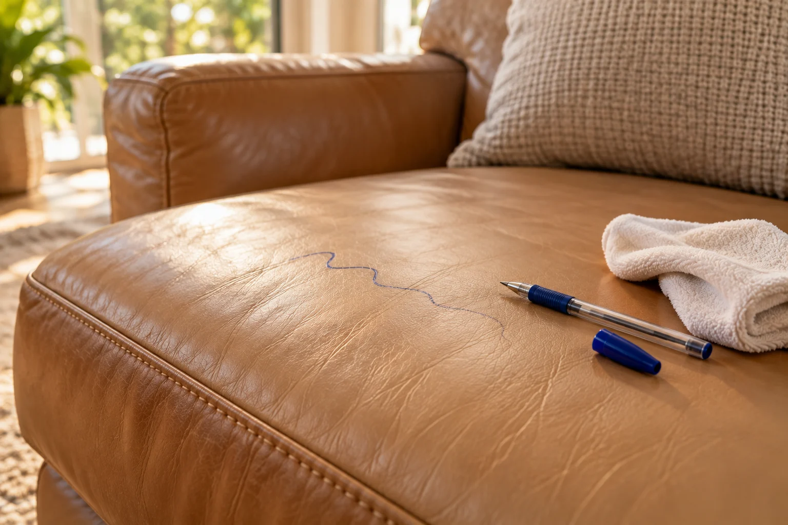 Ballpoint pen mark on a light tan leather couch cushion