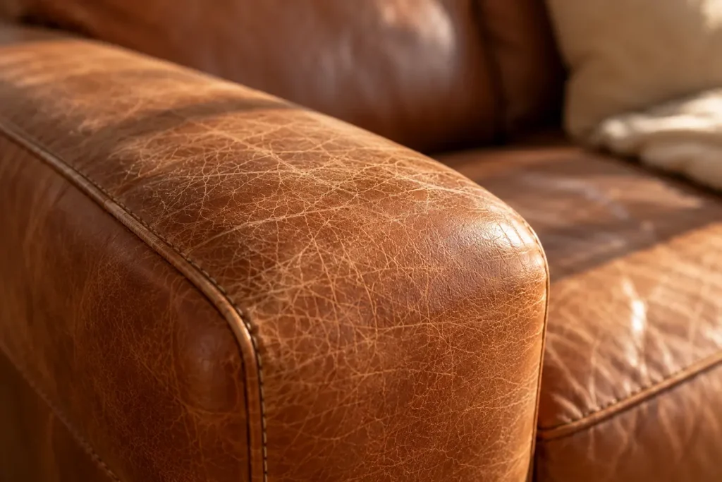 Dry, faded leather armrest that needs conditioning