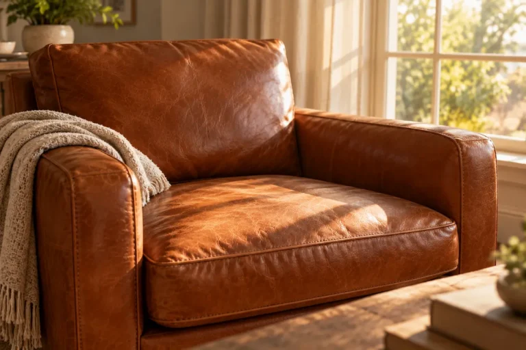 Leather armchair in sunlight by a window