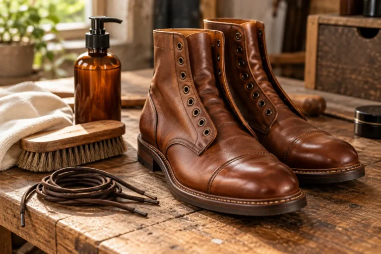 Brown leather boots being cleaned on a wooden workbench