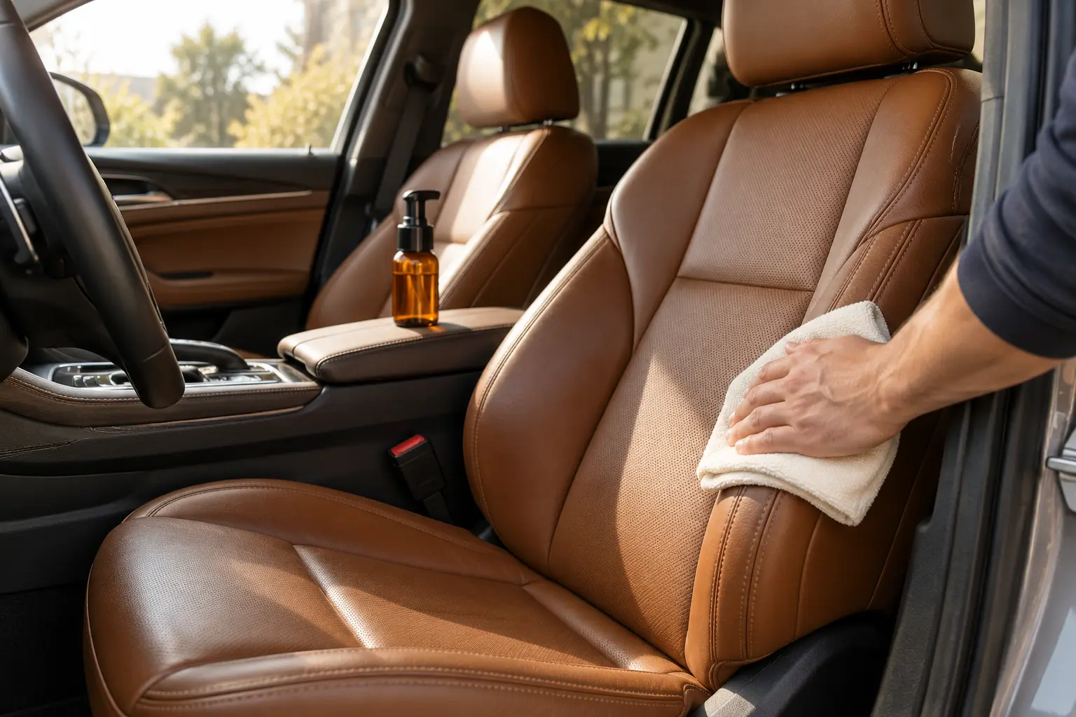 Cleaning a cognac leather car seat with a microfiber cloth