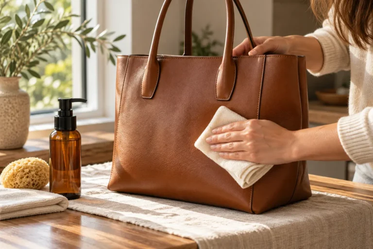 Wiping a cognac leather tote bag with a microfiber cloth