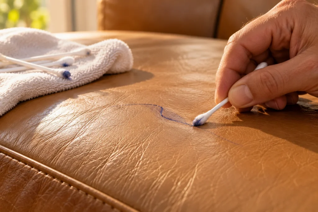 How to get ink off a leather couch: dabbing the mark with a cotton swab
