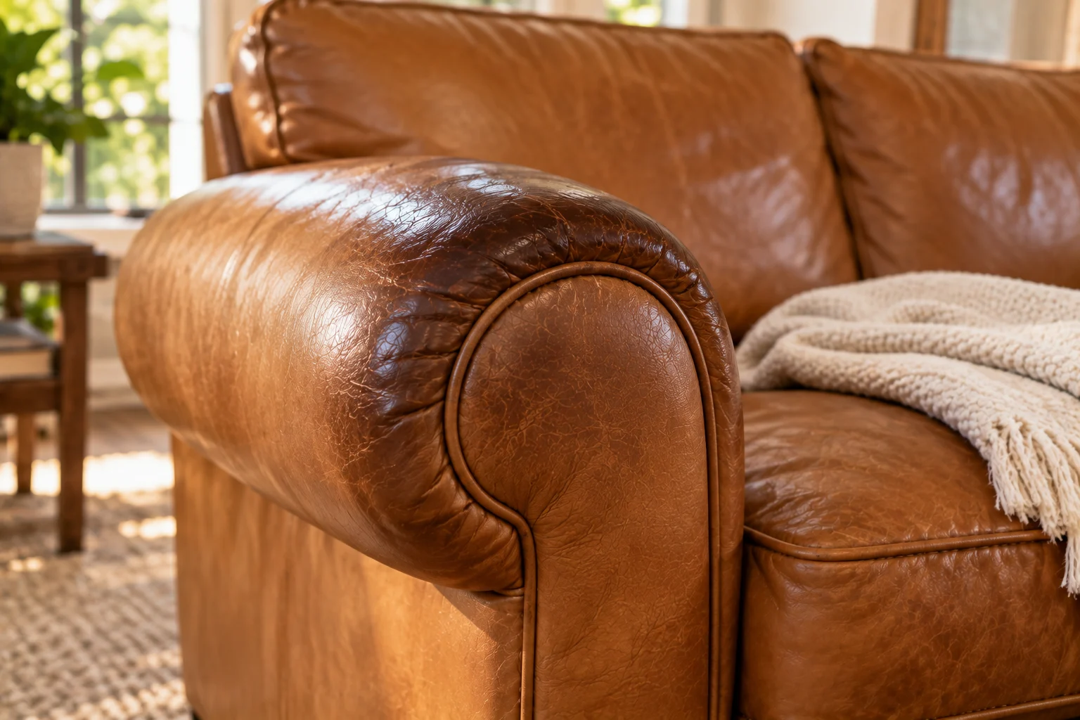Dark body oil build-up on the armrest of a leather couch