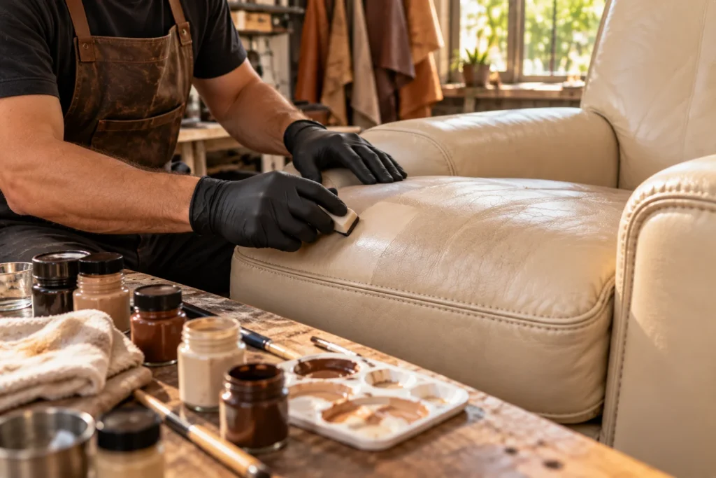 Leather restorer blending color on an armchair after ink removal