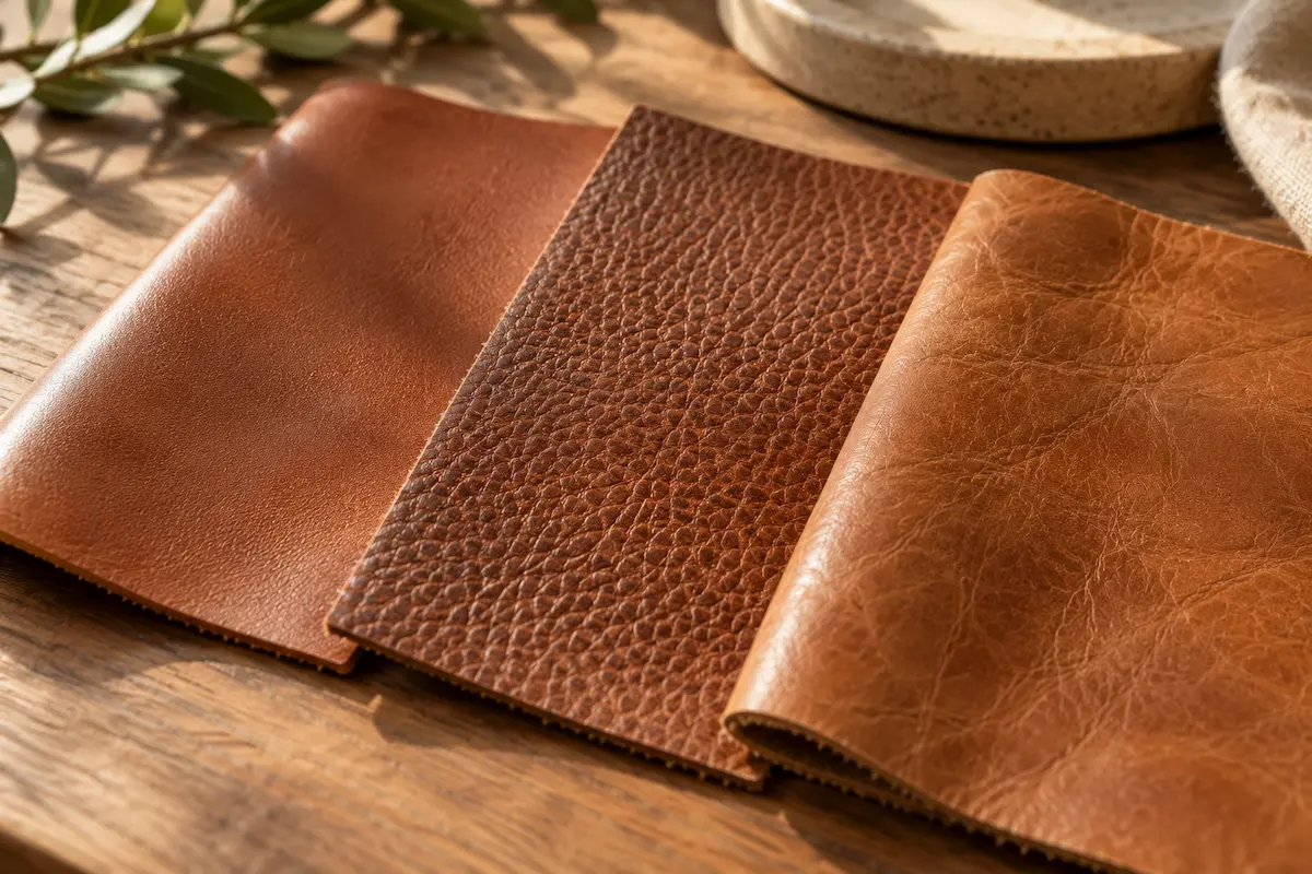 Swatches of pigmented, semi-aniline and aniline leather