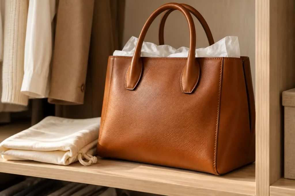 Leather handbag stored upright, stuffed with tissue paper, next to a cotton dust bag