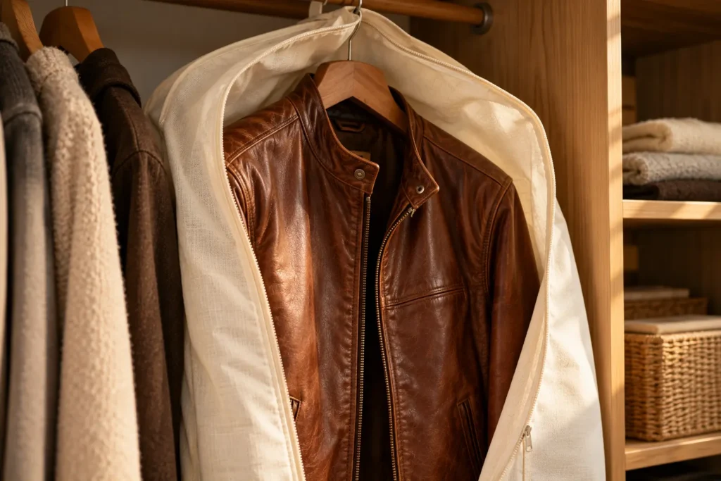 Leather jacket stored on a wide hanger in a breathable garment bag