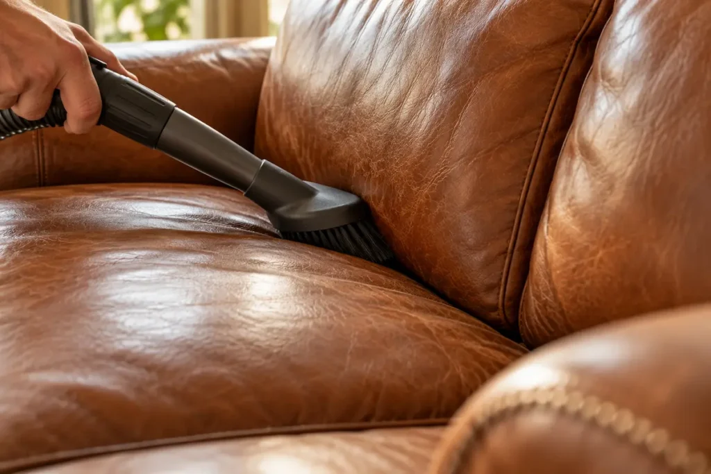 Vacuuming the crevices of a leather couch