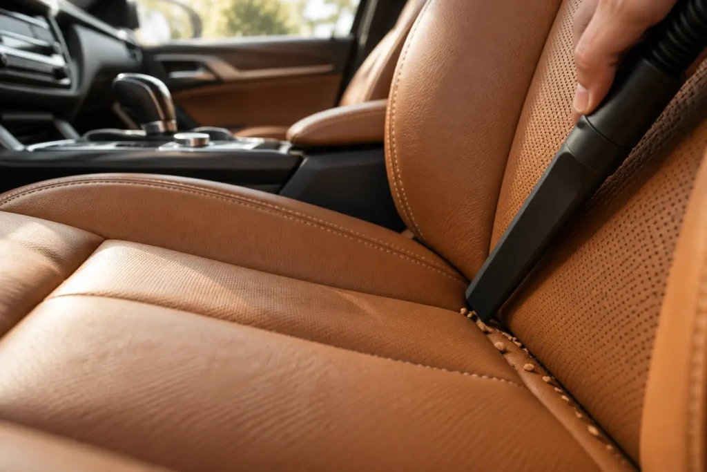 Vacuuming crumbs from the seams of a leather car seat