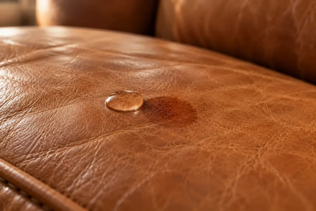 Water soaking into aniline leather