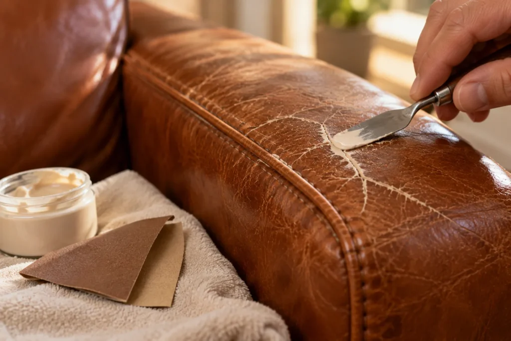 Applying leather filler to cracks in a sofa armrest with a palette knife