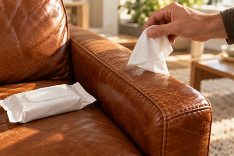Can you use baby wipes on a leather couch — a wet wipe held over a leather armrest