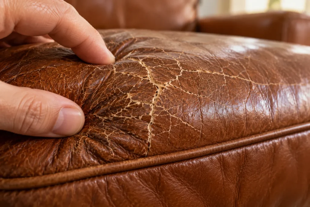 Close-up of cracked finish on a brown leather sofa seat