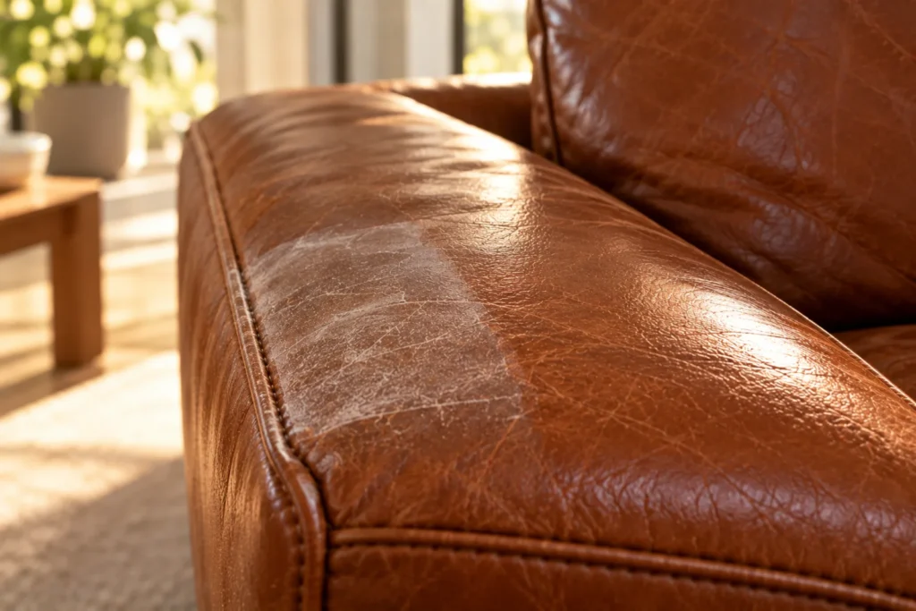 Dull patch of residue on a leather sofa armrest after repeated wiping