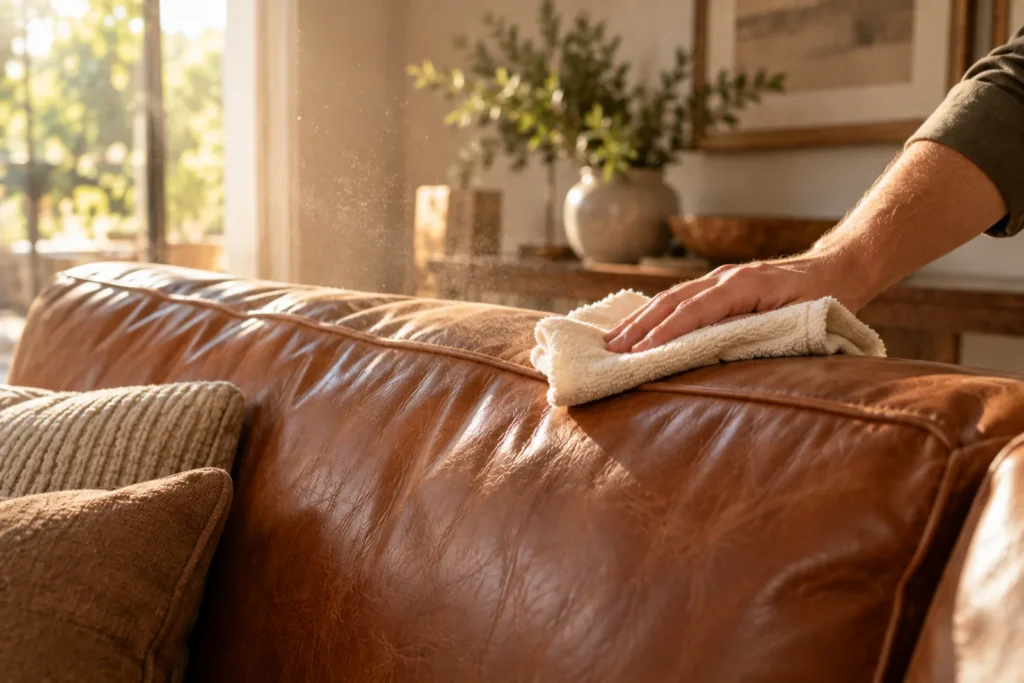 Dusting a leather couch with a dry microfiber cloth