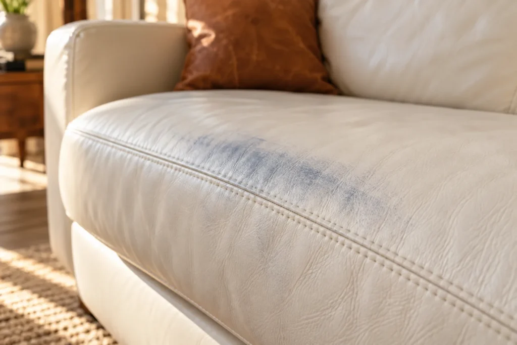 Blue jean dye transfer on a white leather sofa seat