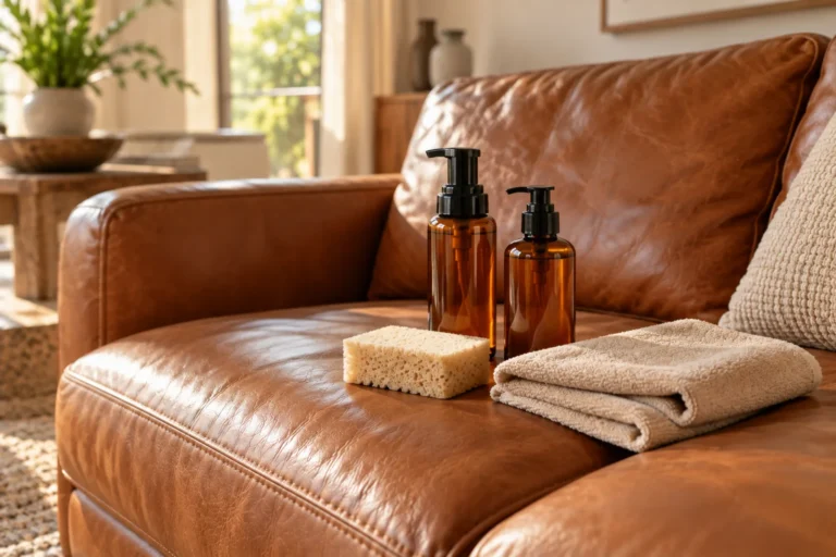 Leather couch care: cognac leather sofa with cleaner, balm and cloths