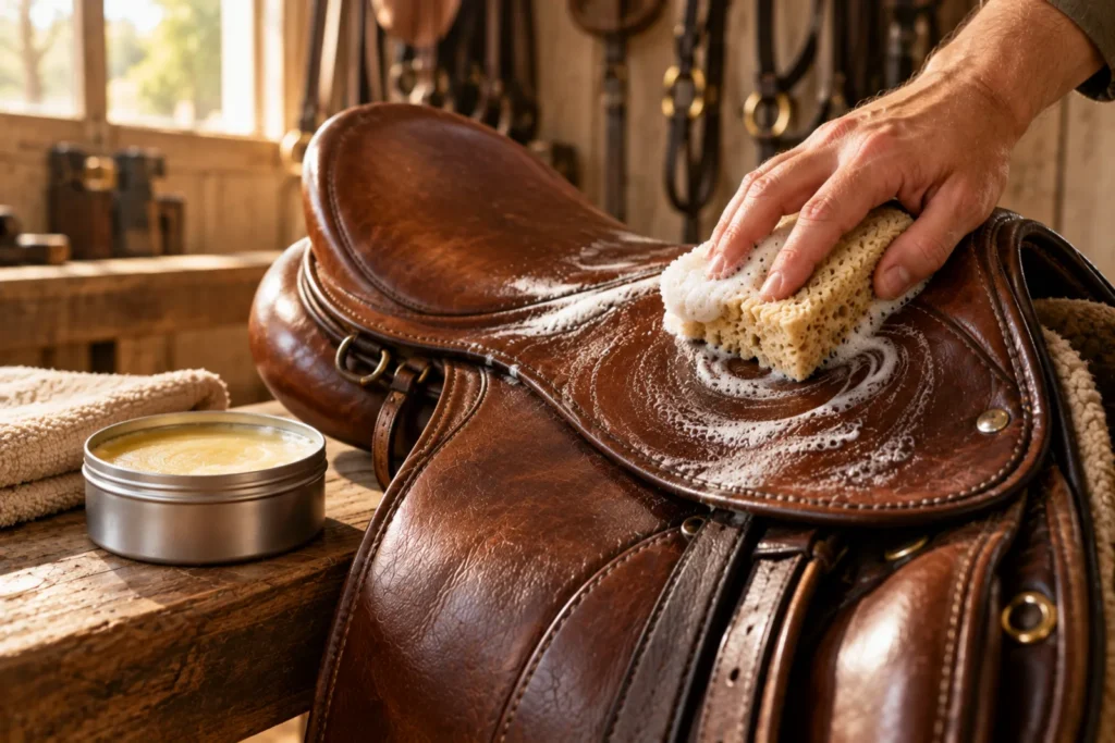 Applying saddle soap lather to a leather saddle with a sponge