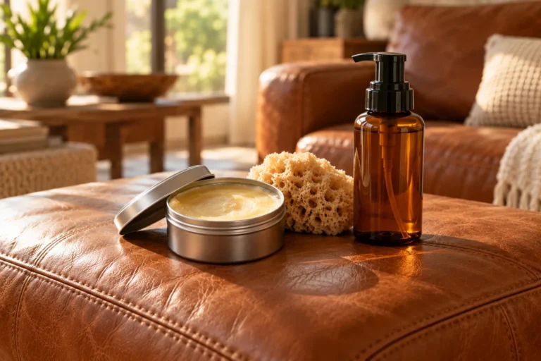 Saddle soap vs leather cleaner: a tin of saddle soap next to a foam cleaner bottle