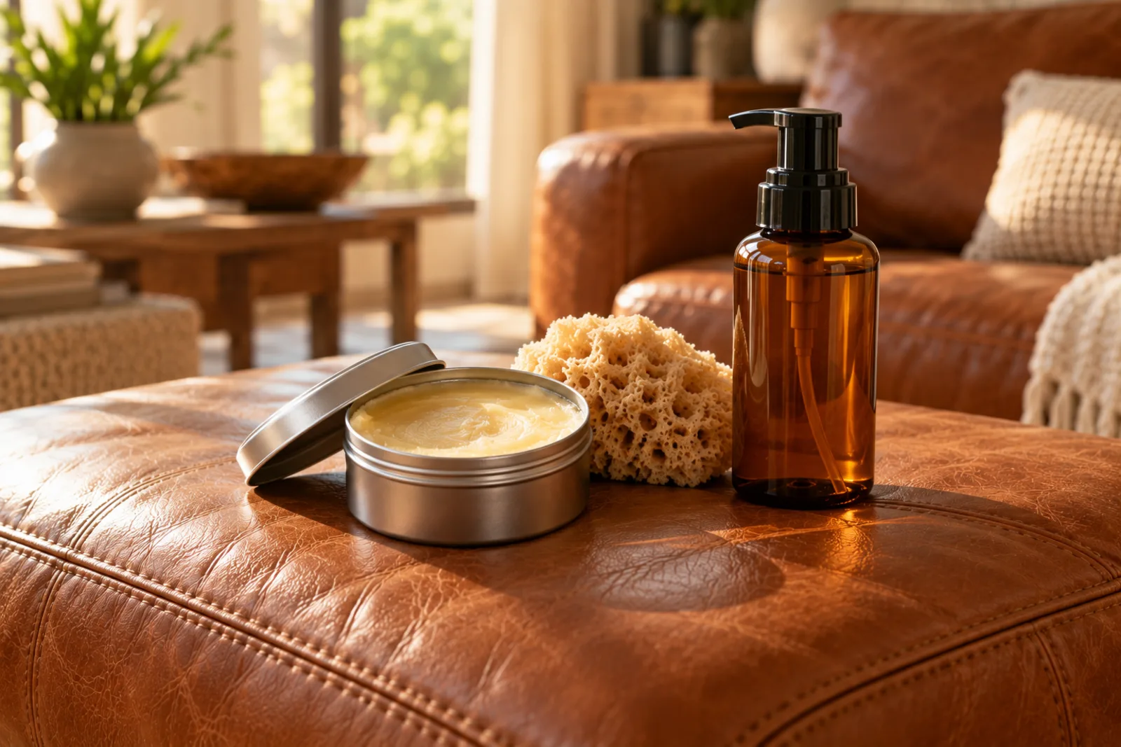 Saddle soap vs leather cleaner: a tin of saddle soap next to a foam cleaner bottle